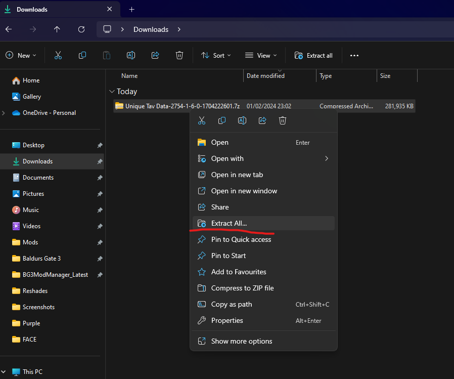 File Explorer window with extract all highlighted